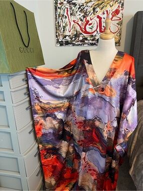Silky Multicolor Abstract Kaftan - Red, Purple, Orange